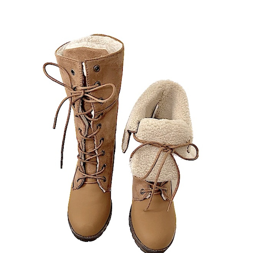 CA Collection by Carrini Tan Faux Fur Trim Lace-Up Ankle Boots, Women’s Size 5.5